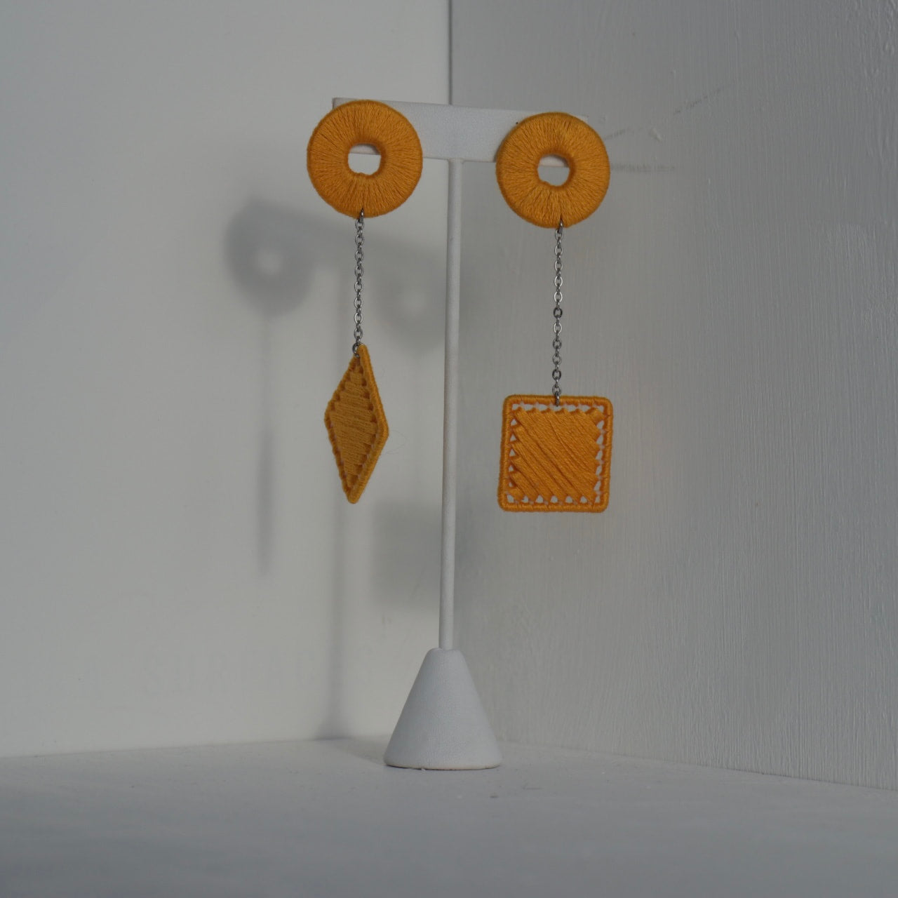 orange circle square multicolor thread fabric yarn handmade statement earrings jewelry - Black owned