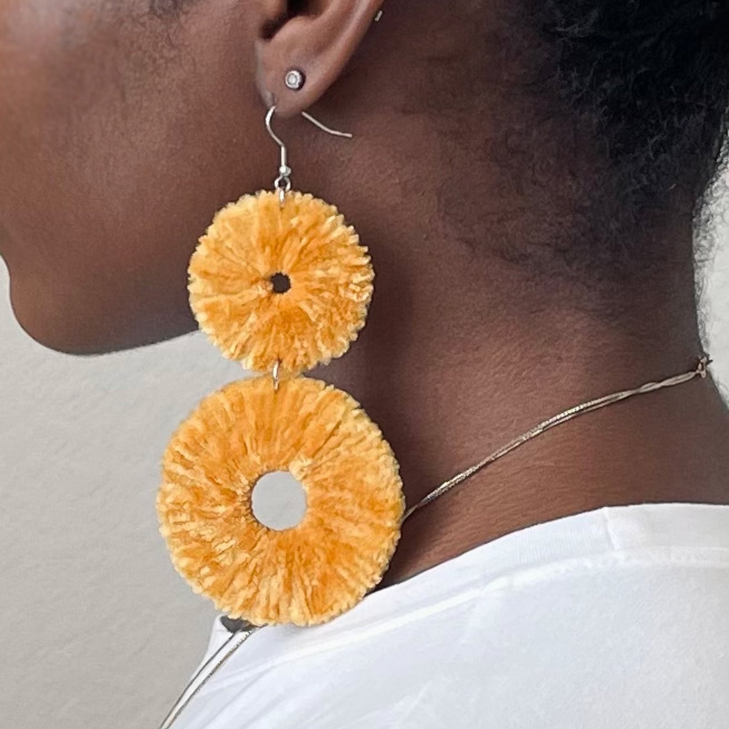 OlaNti Velvet Kaarlo statement earrings – handcrafted double-circle velvet earrings with a plush, textured finish. Yellow