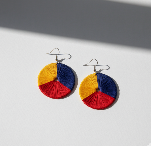 Colorful circular earrings on a white background