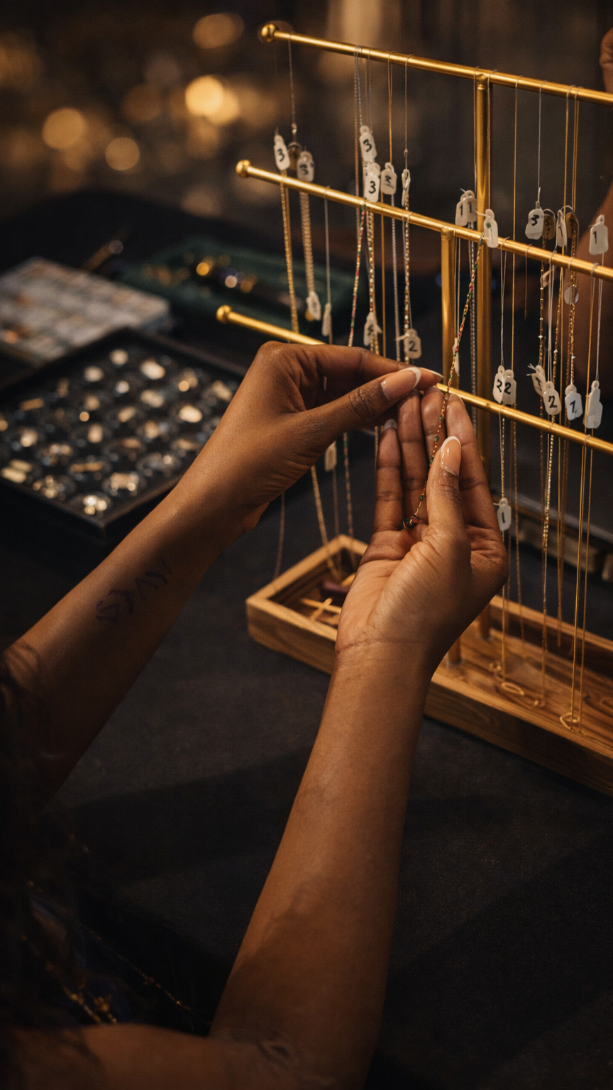 Person selecting jewelry from a display rack with a dark background