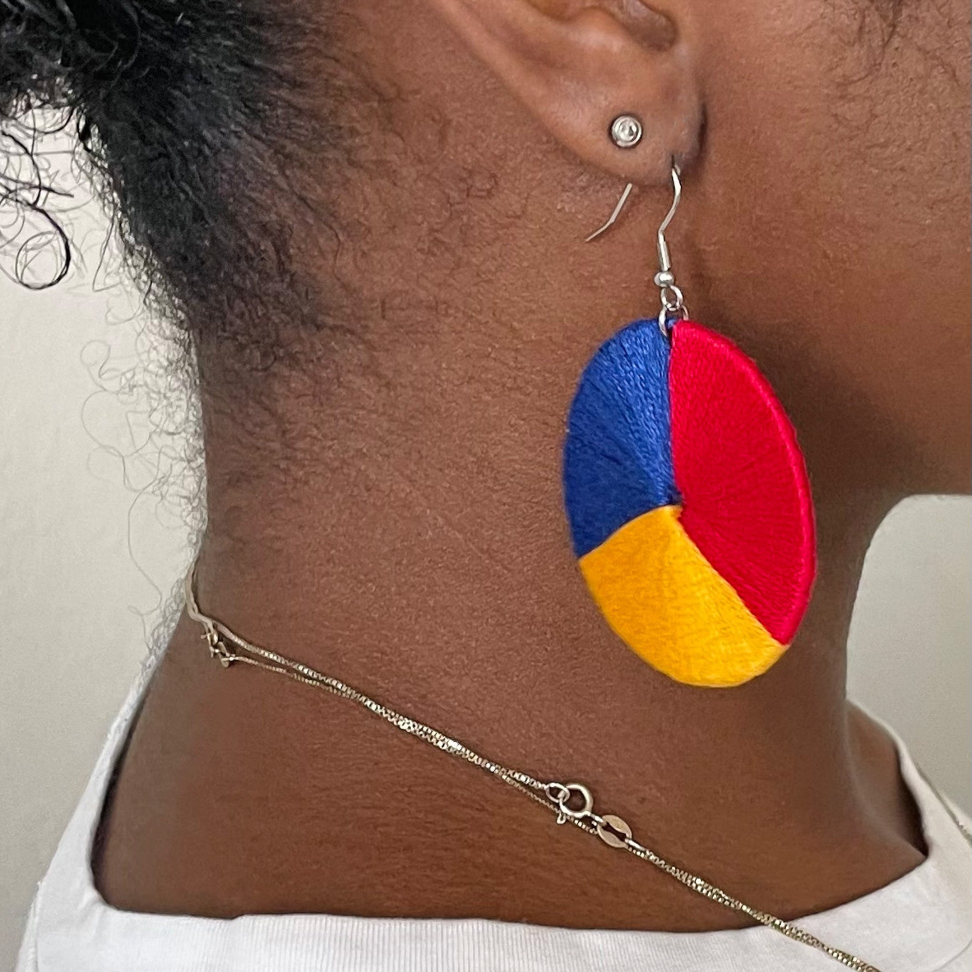 Close-up of a model wearing The Bode earrings, highlighting their handcrafted detail