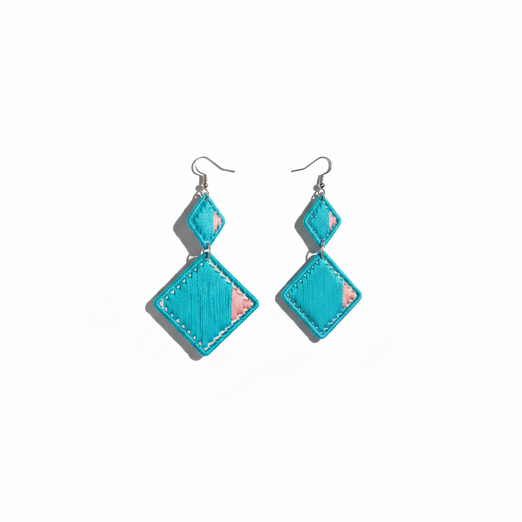 Pair of turquoise earrings with pink accents on a white background