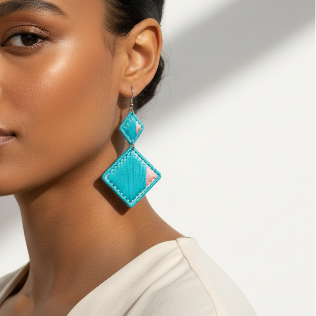 Woman wearing turquoise square earrings against a neutral background