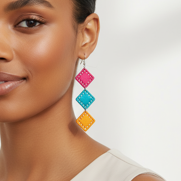 Woman wearing colorful earrings on a white background