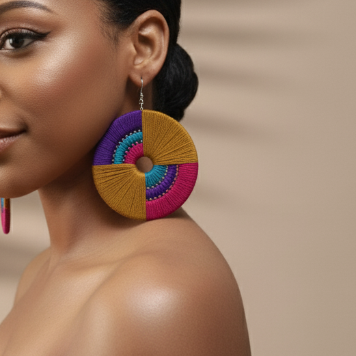 Woman wearing colorful earrings against a beige background