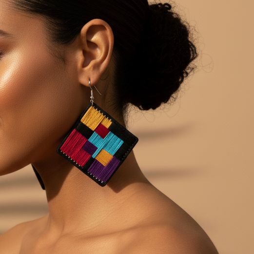 Woman wearing colorful geometric earrings against a beige background