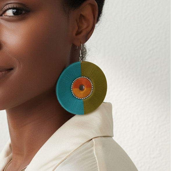 Woman wearing colorful earrings against a plain background