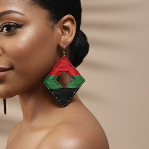 Woman wearing colorful earrings against a beige background
