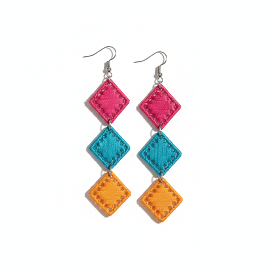 Colorful diamond-shaped earrings on a white background