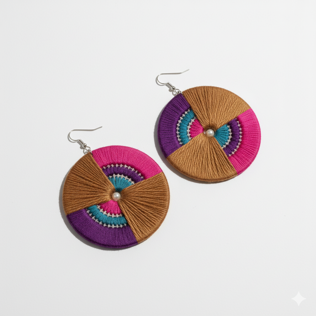 Colorful circular earrings with a pearl center on a white background