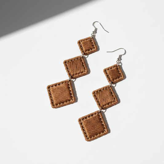 Pair of brown square earrings on a white background