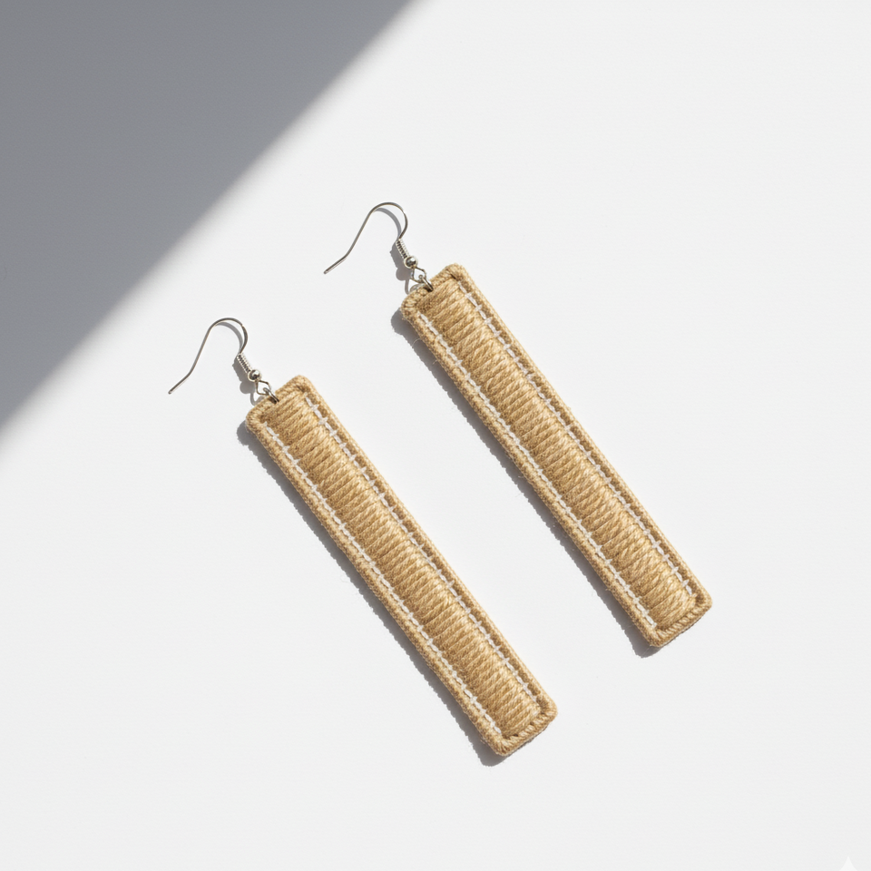 Pair of beige rectangular earrings on a light background