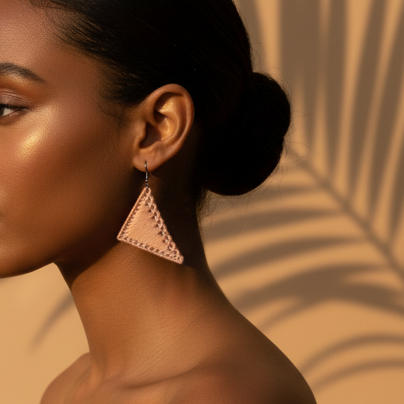 Woman with a bun and geometric earrings against a beige background