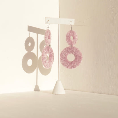 OlaNti Velvet Kaarlo statement earrings – handcrafted double-circle velvet earrings with a plush, textured finish.