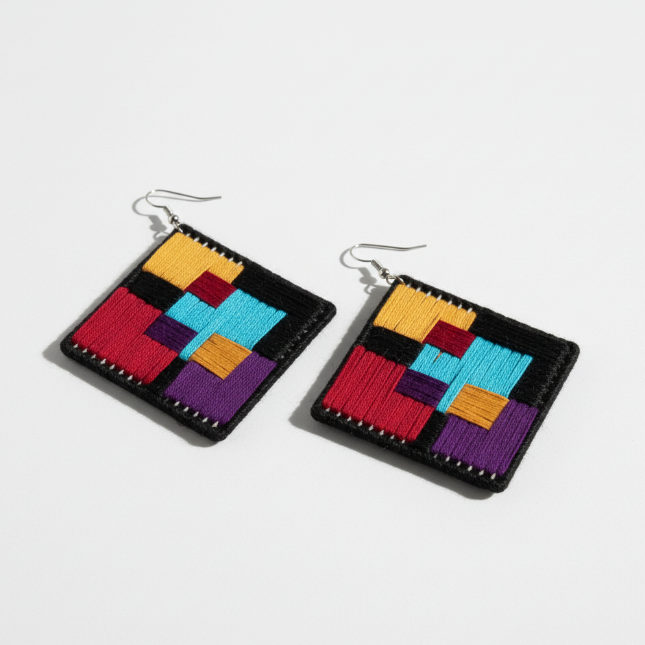 Colorful geometric patterned earrings on a white background