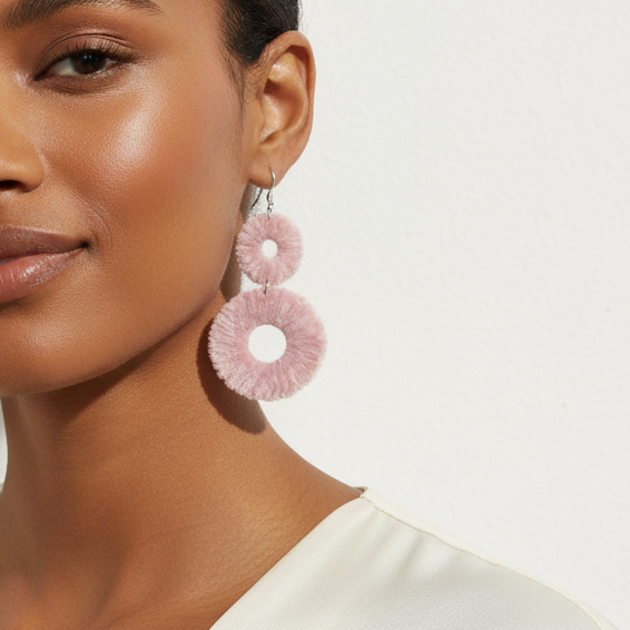 Woman wearing pink earrings against a white background