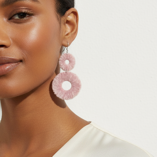 Woman wearing pink earrings against a white background