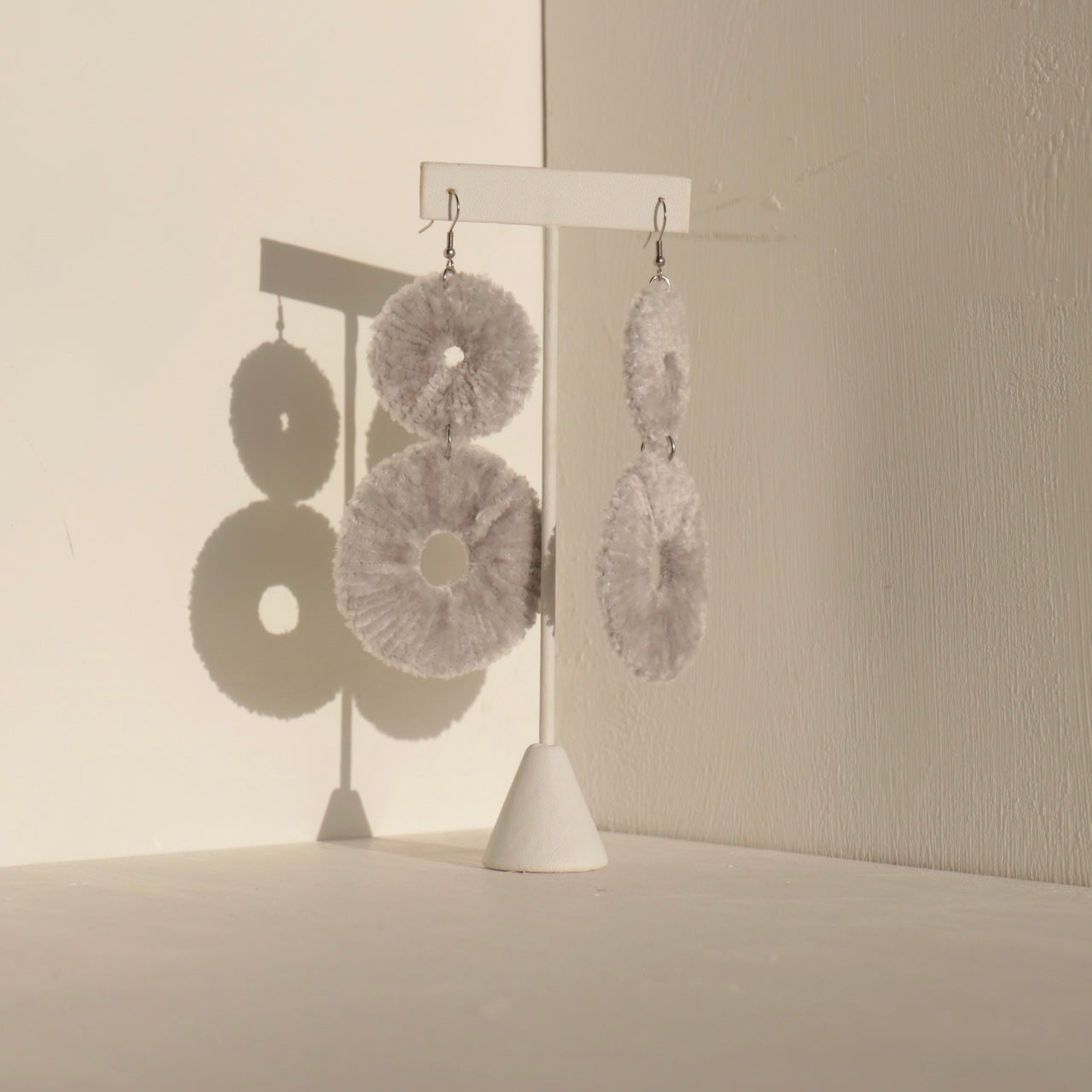 OlaNti Velvet Kaarlo statement earrings – handcrafted double-circle velvet earrings with a plush, textured finish. Gray