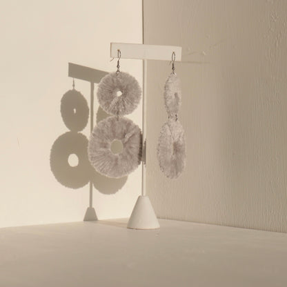 OlaNti Velvet Kaarlo statement earrings – handcrafted double-circle velvet earrings with a plush, textured finish. Gray