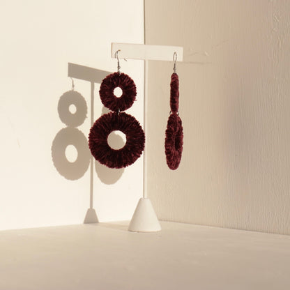 OlaNti Velvet Kaarlo statement earrings – handcrafted double-circle velvet earrings with a plush, textured finish. Purple