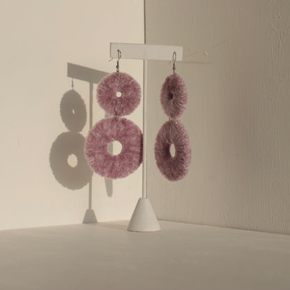OlaNti Velvet Kaarlo statement earrings – handcrafted double-circle velvet earrings with a plush, textured finish. Pink