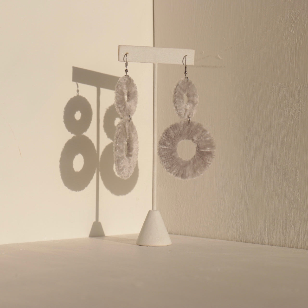 OlaNti Velvet Kaarlo statement earrings – handcrafted double-circle velvet earrings with a plush, textured finish. Gray