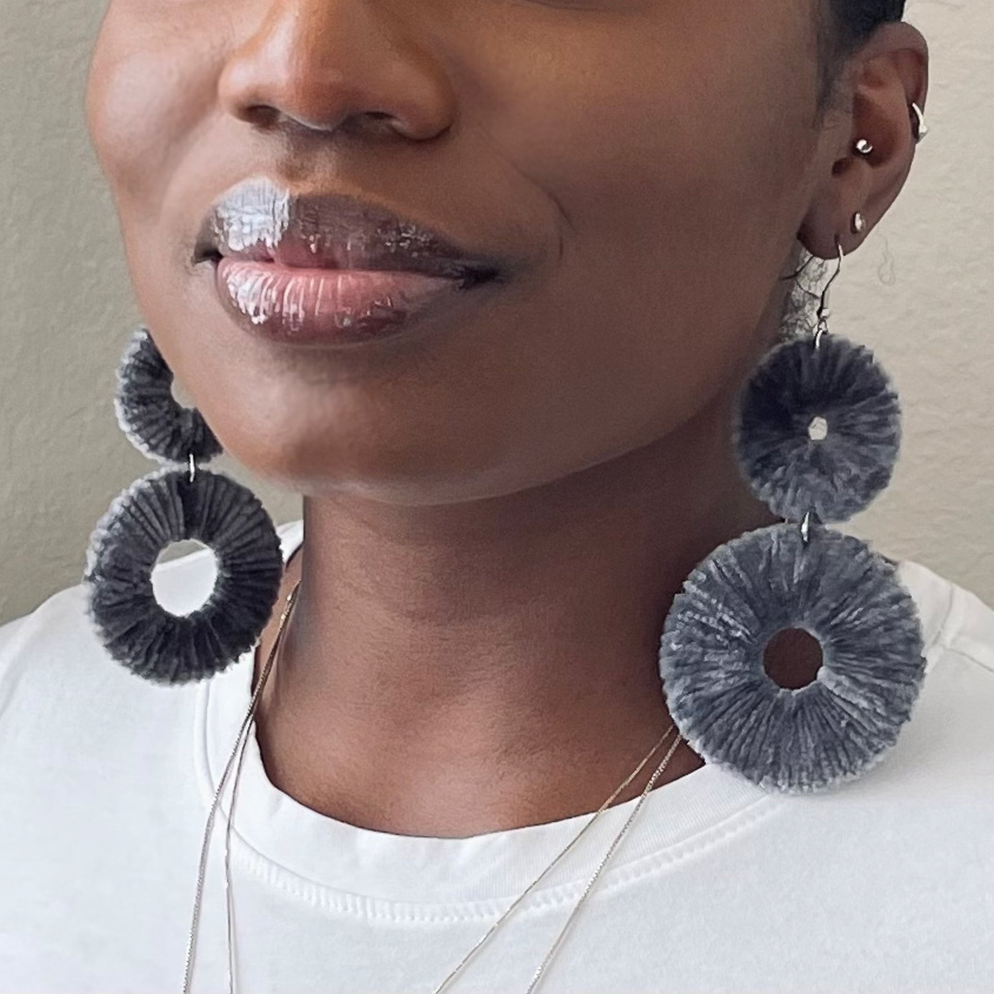 OlaNti Velvet Kaarlo statement earrings – handcrafted double-circle velvet earrings with a plush, textured finish. Gray