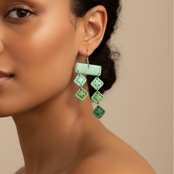 Woman wearing green earrings against a beige background